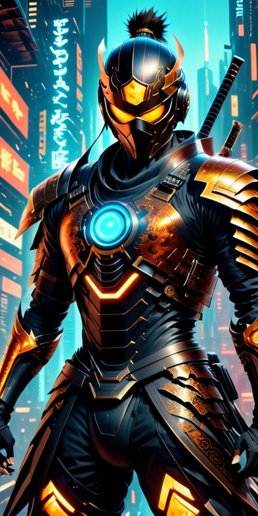 Generate hyper realistic image of a tech-savvy samurai with an energy katana, wearing a futuristic suit adorned with holographic symbols, and cybernetic enhancements augmenting their reflexes, set against a backdrop of a neon-lit cyberpunk city.photography style,Extremely Realistic, ,3dmdt1,rmspdvrs,DonMCyb3rN3cr0XL 