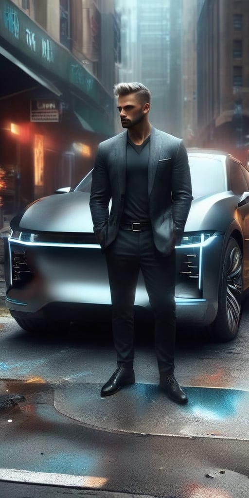 Generate hyper realistic image of a man with cybernetic enhancements standing near his sleek, technologically advanced car. His augmented eyes scan the surroundings, revealing hidden digital overlays and enhancing his perception of the world as he guards his high-tech vehicle.