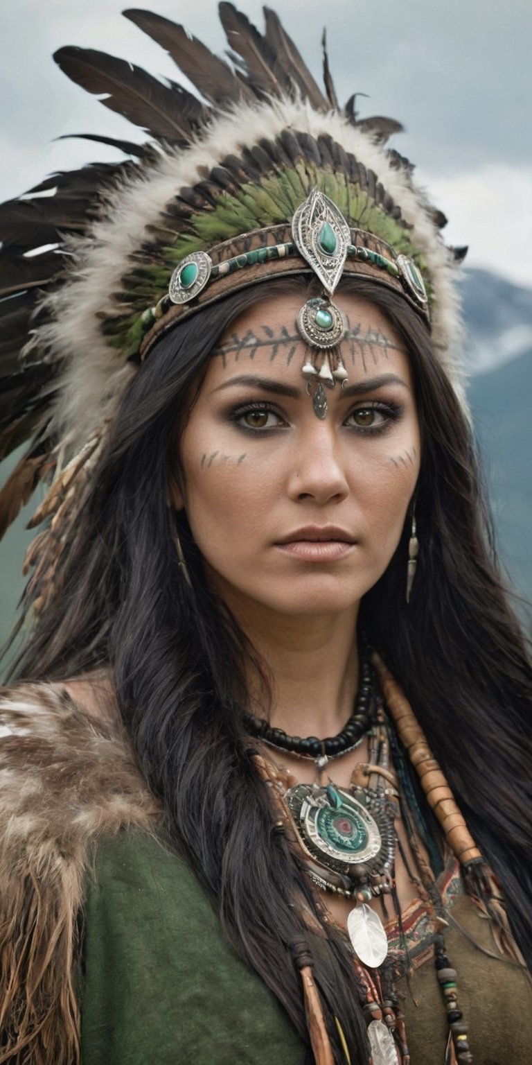 Generate hyper realistic image of a Nordic shaman dressed in earthy tones, her long, ebony hair adorned with feathers. With deep forest-green eyes, she stands atop a mountain, communing with nature and invoking the spirits of the ancient land. upper body shot,Extremely Realistic