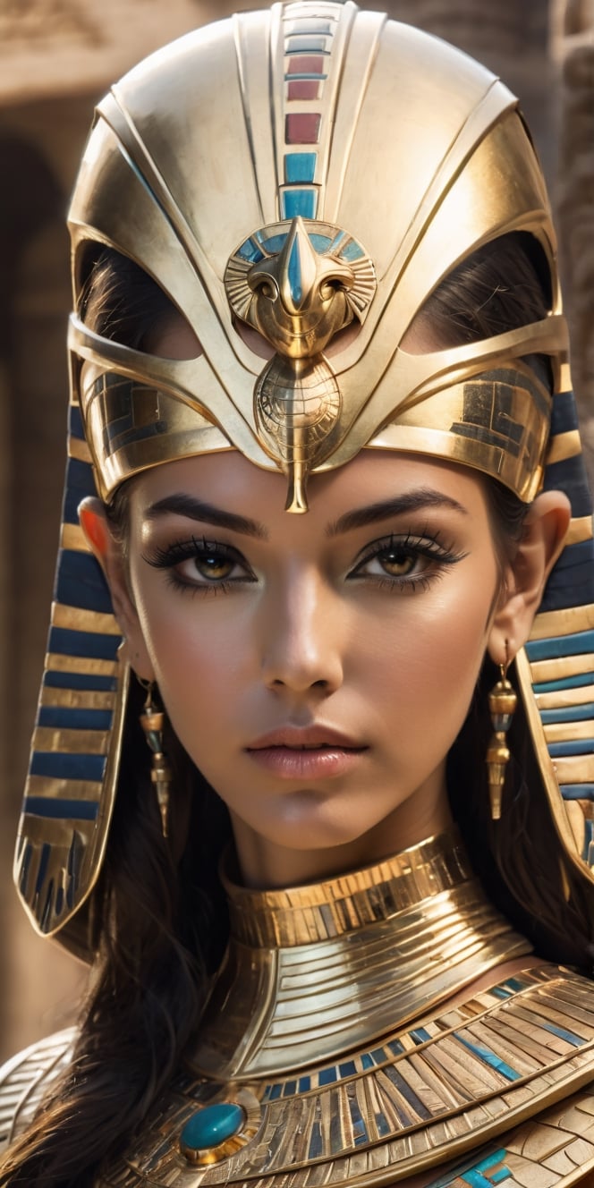 create a hyper realistic image of beautiful woman wearing  golden egyptian full facemask and attire, stunning and elegant, lost arc, up close , 8k, high detailed, sharp focus.,Extremely Realistic,Movie Still,Stylish,Man,Portrait,more detail XL,Sci-fi 