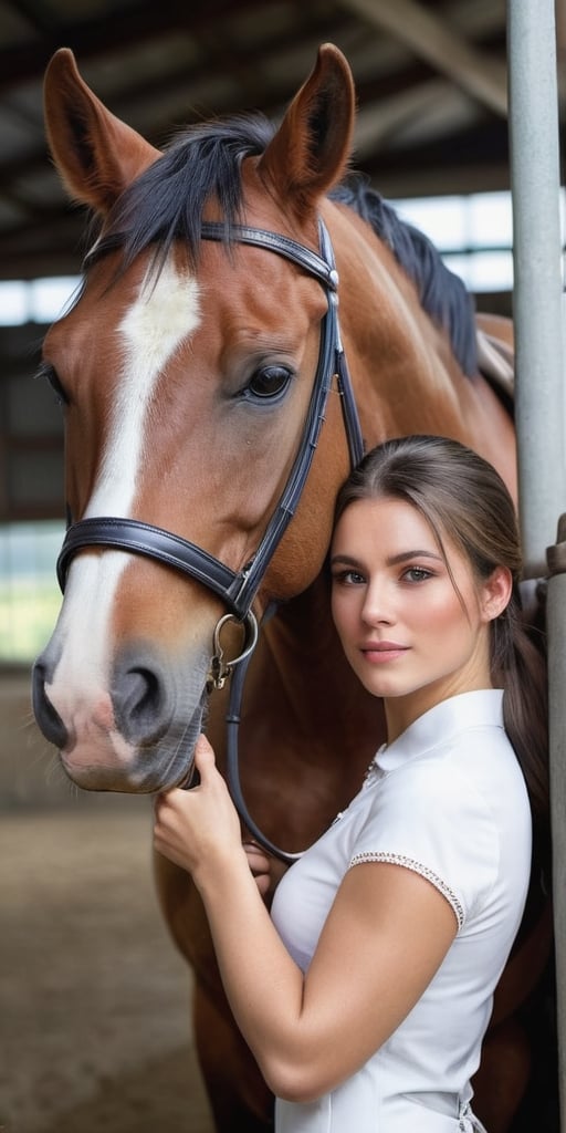 Generate hyper realistic image of an equestrian center horse grooming session. Dress the lady in equestrian attire and capture the bond between her and the majestic horse.up close,Extremely Realistic,masterpiece