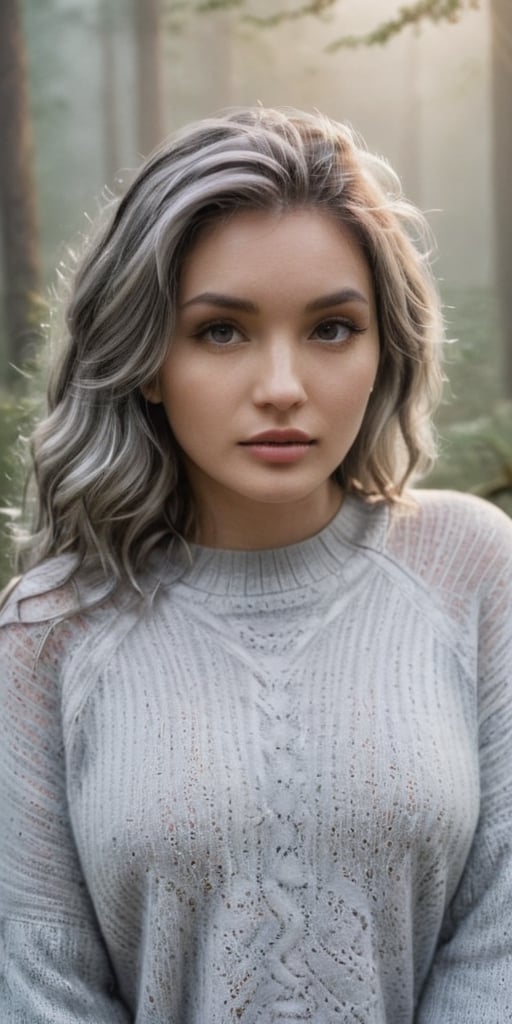 Generate hyper realistic image of a woman with silver-gray mermaid waves, donning a cozy oversized sweater, posing against a misty forest backdrop, creating an enchanting and ethereal scene in a portrait photography style.highly detailed, sharp focus.8k,photography style, ,more detail XL,Extremely Realistic,aesthetic portrait,Sexy