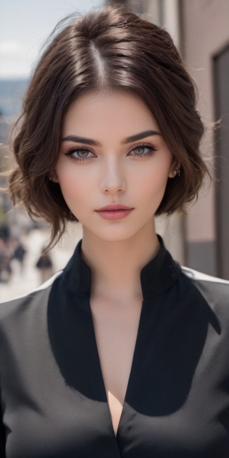  create a beautiful women from rich family looking down on  viewer.short dark brown hair, bobcat hairstyle, elegant outfit, dark make ip , long lashes, pink lips, brown eyes, up close, street view. 