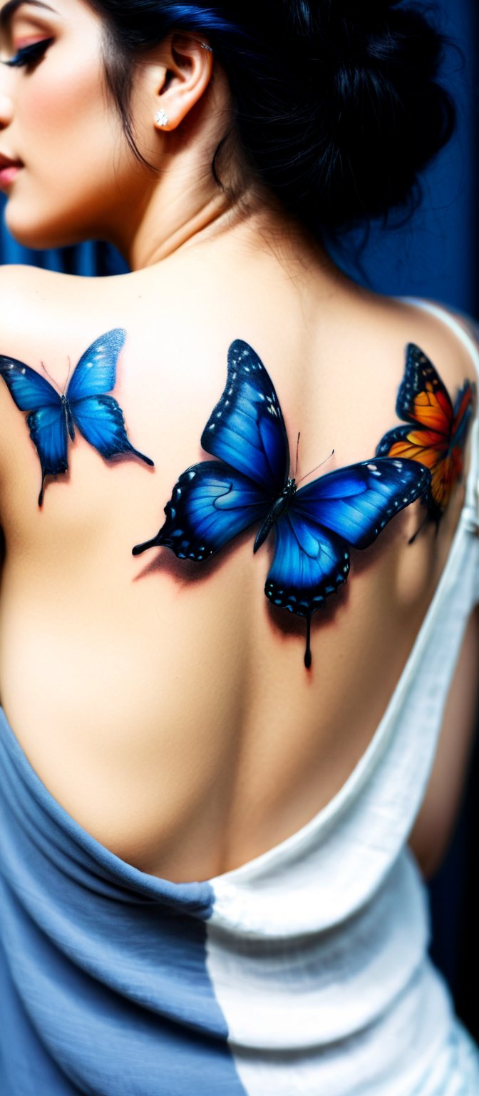 Generate hyper realistic image of  woman with a beautiful and intricate butterfly tattoo on her back. he woman is shown in profile, with her back turned towards the viewer. Her head is slightly turned to the side, giving a glimpse of her serene and thoughtful expression. Her eyes are blue. Her hair is styled in a loose, elegant updo, with a few strands softly framing her face. The hair has a luminous quality, reflecting the light in the scene. vibrant butterfly tattoo covers her upper back and shoulders. The tattoo is rendered in vivid blues and blacks, creating a dramatic contrast against her skin. Surrounding the large butterfly are smaller, glowing butterflies in shades of orange and yellow.