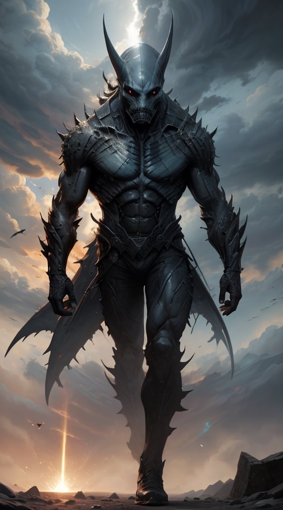 Create a shark humanoid walking on earth, scary looking hybrid, mutant, agressive, human enemy, apocalypse.