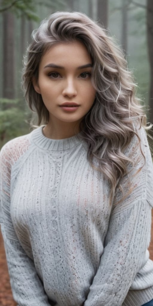 Generate hyper realistic image of a woman with silver-gray mermaid waves, donning a cozy oversized sweater, posing against a misty forest backdrop, creating an enchanting and ethereal scene in a portrait photography style.highly detailed, sharp focus.8k,photography style, ,more detail XL,Extremely Realistic,aesthetic portrait,Sexy