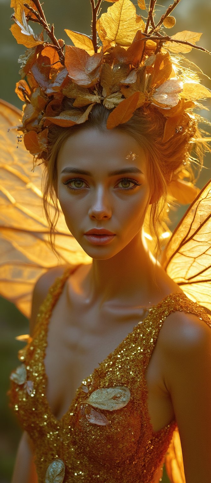 Generate hyper realistic image of a ethereal female fairy from a magical realm. The fairy has a petite, slender, and graceful body with smooth, glowing skin that appears to shimmer with golden glitter. The facial features are soft and innocent, with wide, expressive eyes that shimmer with curiosity and gentleness. Her face is adorned with golden glitter and delicate markings that highlight her cheeks. The most striking part of the fairy's appearance is her large, gossamer wings. These wings are transparent but adorned with gold and bronze tones, with intricate veins and delicate patterns. The fairy’s hair is a wild and wispy mix of gold and bronze, mimicking autumn leaves. Her hair is adorned with fine, leaf-like embellishments. She wears an elaborate crown made of delicate branches and roots, with small, glowing orbs woven into the design. She doesn’t wear conventional clothing; instead, her body is decorated with gold-like threads and shimmering dust that covers her skin in strategic places.