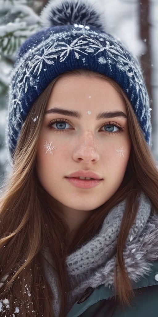 Generate hyper realistic image of an 18-year-old woman with a unique birthmark resembling a delicate snowflake on her forehead, elegantly dressed in winter attire, enjoying a day in a snow-covered forest with towering pine trees.Extremely Realistic, up close, 