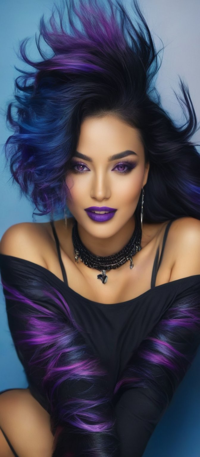 Generate hyper realistic image of a woman with long, wavy black hair streaked with vibrant purple hues, looking directly at the viewer with a smile. She has large breasts and in seductive pose. She wears a tight black t-shirt and a black choker necklace, which features a small black cross. Her eyes are a piercing blue, and her lips are painted a deep purple. Her hair cascades over her shoulders, framing her face. She is seated with her left arm resting on her hip and her right arm on the ground. The background is a light blue color with a rough texture,hinaigirl