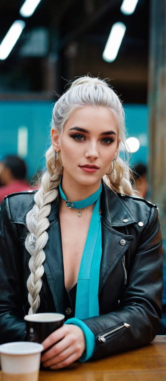 Generate hyper realistic image of a woman with long white hair, twin braids cascading down her shoulders. She gazes at the viewer with aqua eyes, a gentle smile gracing her lips. She wears a jacket and belt, her upper body slightly blurry against the indoor background. Adorned with earrings and a choker, she holds a cup, her head tilted inquisitively. Subtle black makeup and an ear piercing add to her unique charm.