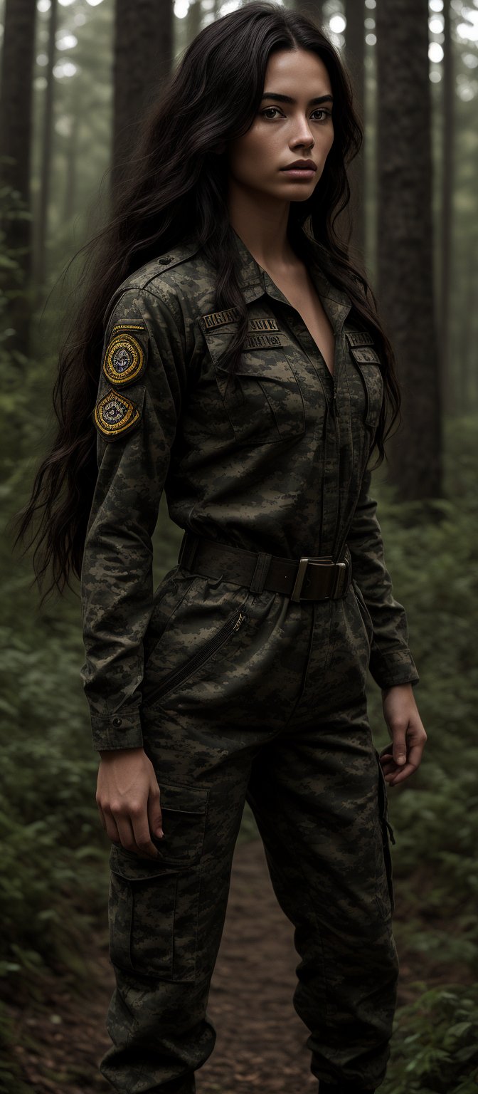 Generate hyper realistic image of a woman with long, straight, dark brown hair that flows freely down her back. She is wearing a full military uniform in camouflage pattern, which includes a long-sleeved shirt and matching pants. The uniform fits snugly, emphasizing her athletic and curvaceous figure. The outfit is complete with a belt and insignia on her sleeve. The setting is in forest.