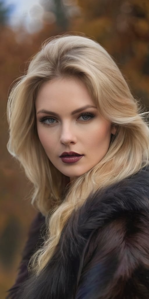 Generate hyper realistic image of a beautiful woman with pure blonde hair elegantly covered by a dark black fur coat accented with brown fur. She stands outdoors in the winter, casting a sideways glance at the viewer with a subtle shyness. Enhanced by smoky makeup, her big blush lips and face add a touch of allure against the crisp winter air, creating an image of timeless beauty in a cold yet enchanting landscape.