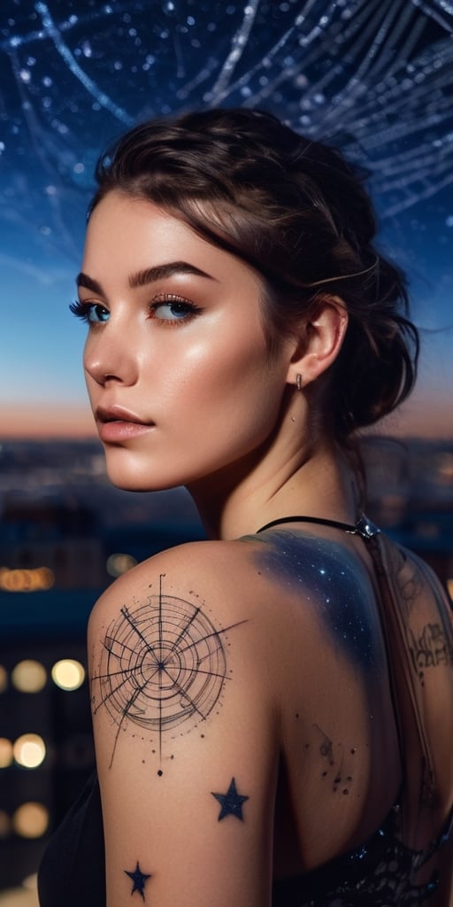 Generate hyper realistic image of a scene featuring a young woman with a captivating star map tattoo across her face, wearing avant-garde celestial-inspired fashion, attending a stargazing event on a rooftop with a panoramic view of the city skyline.Extremely Realistic, up close, 