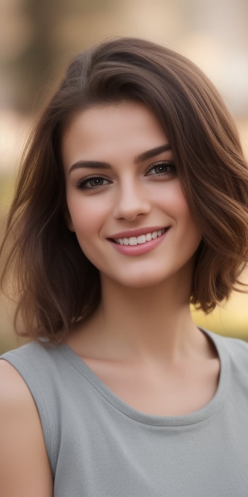 Generate hyper realistic image of a beautiful woman radiating a warm smile, her short brown hair casually styled with a few strands gracefully falling over one eye. The realistic details highlight the nuances of her lips and subtle makeup, capturing the charm of her grin. This prompt aims to convey the everyday beauty and genuine happiness in a simple yet realistic portrayal.