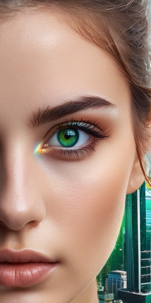 Generate hyper realistic image of a distinctive 18-year-old woman with striking heterochromia, one eye a rich amber hue and the other a deep emerald green, standing amidst a futuristic urban landscape with holographic billboards and sleek architecture.Extremely Realistic, up close, 