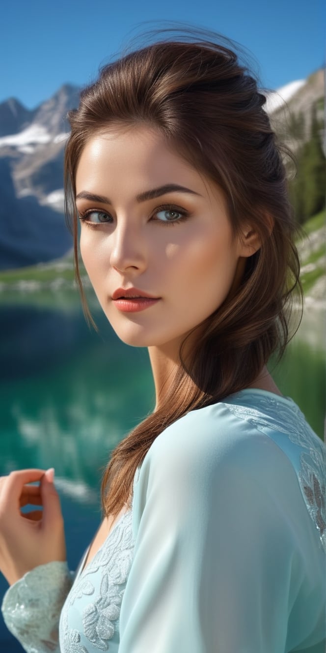 Generate hyper realistic image of a serene image of a model woman near a glistening alpine lake, surrounded by mountainous beauty. Capture her peaceful expressions, stunning eyes, and makeup that resonates with the pristine nature, with a hairstyle that complements the mountainous backdrop.