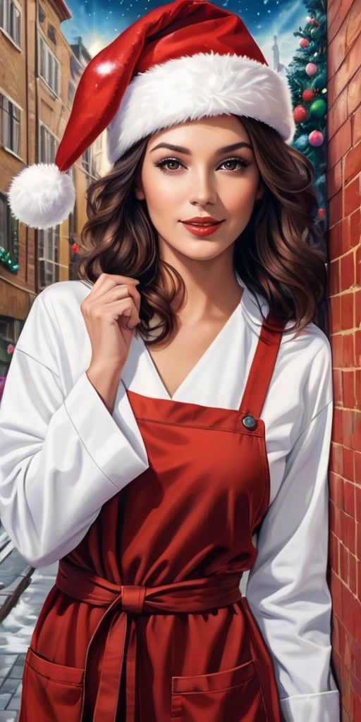 Generate hyper realistic image of a Christmas-themed woman with an artistic flair, wearing a painter's smock and Santa hat, creating a festive mural on a city wall, infusing the urban landscape with holiday cheer and colorful imagination.