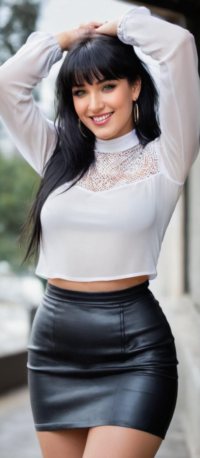 Generate hyper realistic image of a woman with long hair and bangs, gazing at the viewer with green eyes and a closed mouth smile. She is adorned in a white shirt with long sleeves, a black skirt, and a crop top that highlights her midriff. The woman wears thighhighs, earrings, a choker, and a necklace, and she has a bracelet on her wrist. Sitting gracefully with an arm up, she exudes charm with her black hair cascading down. Her attire is stylish, featuring a see-through top and white thighhighs, completing her smilling look.