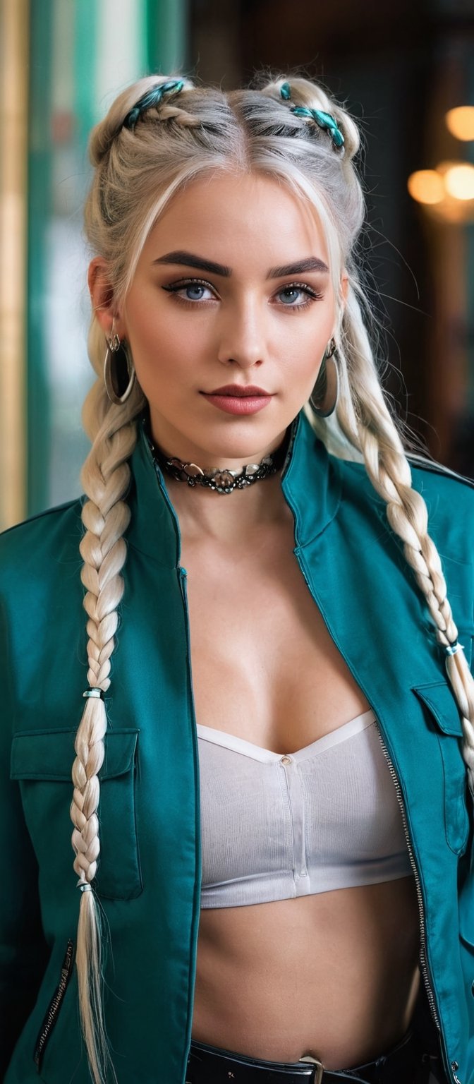 Generate hyper realistic image of a woman with long white hair, twin braids cascading down her shoulders. She gazes at the viewer with aqua eyes, a gentle smile gracing her lips. She wears a jacket and belt, her upper body slightly blurry against the indoor background. Adorned with earrings and a choker, she holds a cup, her head tilted inquisitively. Subtle black makeup and an ear piercing add to her unique charm.