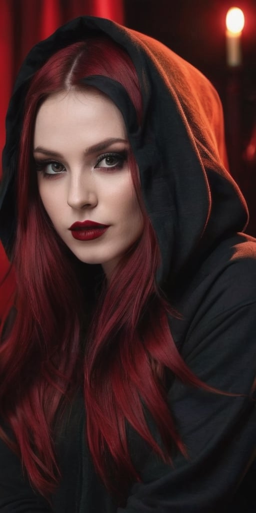 Generate hyper realistic image of a beautiful woman with dark red, lustrous hair cascading down, wearing a black oversized hoodie. Her long hair partially covers her face as she looks shyly at the viewer. Adorned in gothic makeup with big red lips and a pale complexion, she exudes a teasing smile inside a dimly lit bedroom. The contrast between the cozy oversized hoodie and the gothic allure adds a unique charm to the scene.