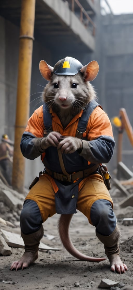  create a Bunch of rat man working in construction site, visible tails, wearing work safety outfit and helmet, , sharp focus, . ,Movie Still,more detail XL