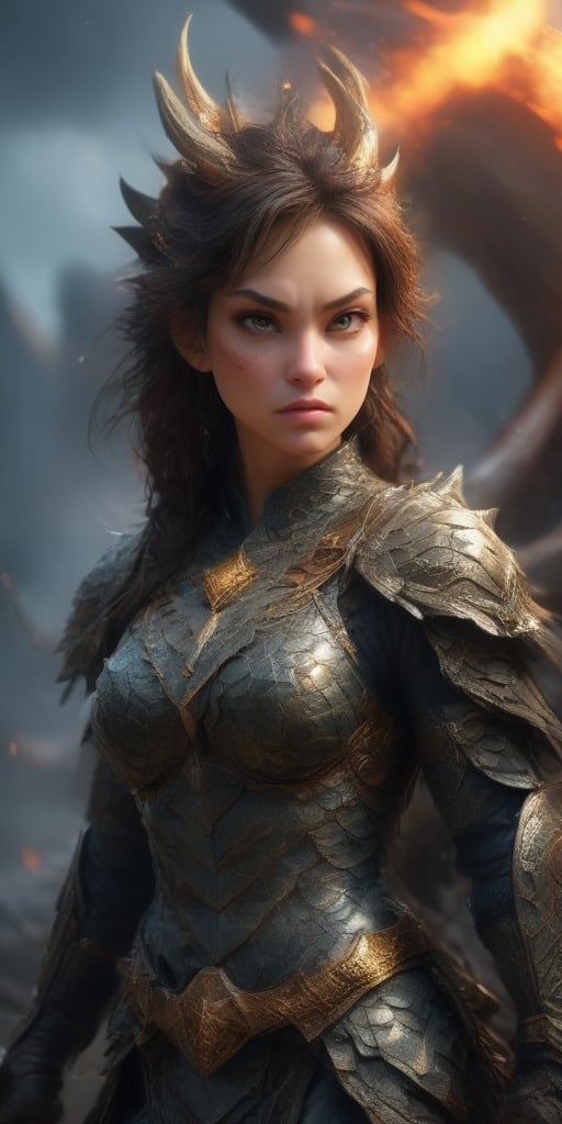 Generate hyper realistic image of a fierce female warrior with dragon scales covering her armor, wings unfurled in battle-ready glory, and a dragon tail emerging from the armor. The background could depict a battlefield or a mythical realm.more detail XL,Dragon,Sci-fi ,<lora:659095807385103906:1.0>