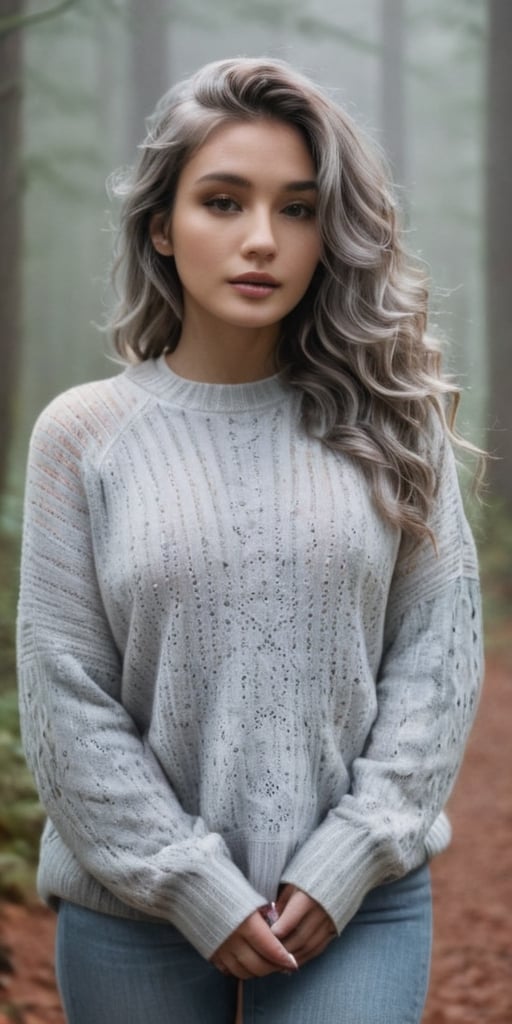 Generate hyper realistic image of a woman with silver-gray mermaid waves, donning a cozy oversized sweater, posing against a misty forest backdrop, creating an enchanting and ethereal scene in a portrait photography style.highly detailed, sharp focus.8k,photography style, ,more detail XL,Extremely Realistic,aesthetic portrait,Sexy