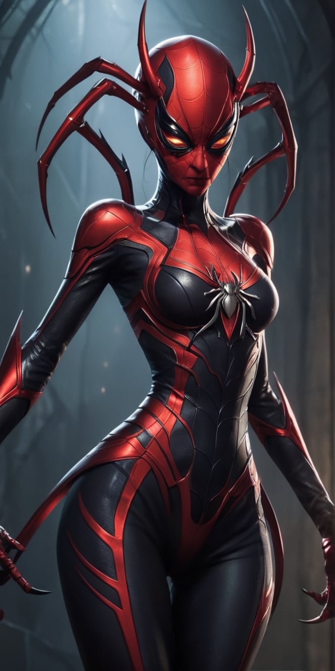 create a image of humanoid Spider queen with upper female body  waiting for her prey, lower spider body, beauty , dark and red colours, , human killer. ,Real,More Detail,more detail XL,Movie Still,monster