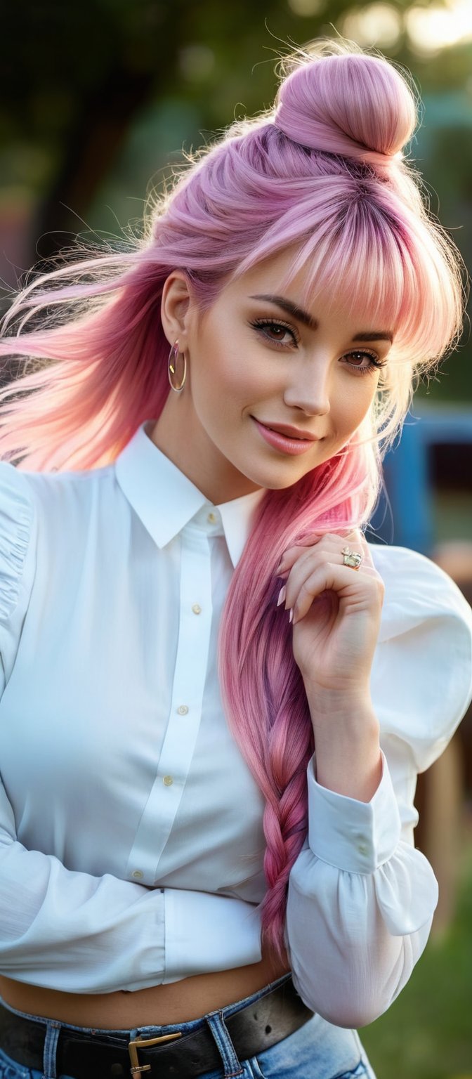 Generate hyper realistic image of a woman with long pink hair styled in a braid, with bangs gently resting on her forehead. She stands outside, smiling at the viewer while wearing a white shirt with puffy sleeves and high-waist shorts. The shirt has long sleeves that puff out, creating a stylish appearance. A ring adorns her finger, and she has earrings that catch the light. Her hair cascades over one shoulder, and the background is blurry, making her the focal point of the cowboy shot.