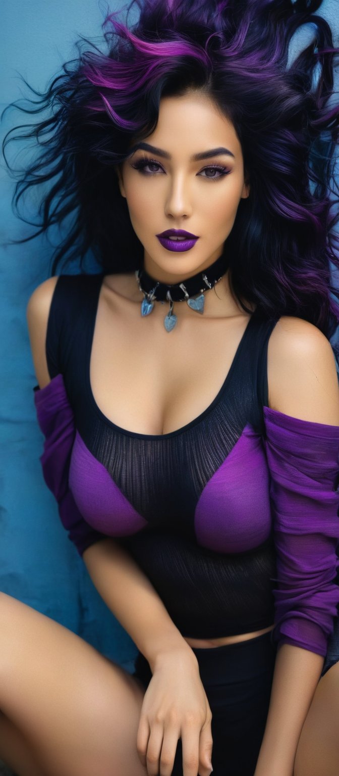 Generate hyper realistic image of a woman with long, wavy black hair streaked with vibrant purple hues, looking directly at the viewer with a smile. She has large breasts and in seductive pose. She wears a tight black t-shirt and a black choker necklace, which features a small black cross. Her eyes are a piercing blue, and her lips are painted a deep purple. Her hair cascades over her shoulders, framing her face. She is seated with her left arm resting on her hip and her right arm on the ground. The background is a light blue color with a rough texture,hinaigirl