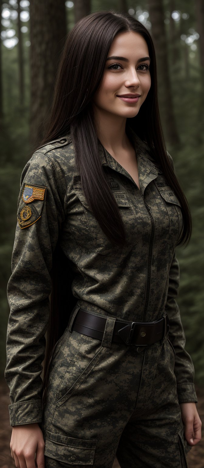 Generate hyper realistic image of a woman with long, straight, dark brown hair that flows freely down her back. She is wearing a full military uniform in camouflage pattern, which includes a long-sleeved shirt and matching pants. The uniform fits snugly, emphasizing her curves. The outfit is complete with a belt and insignia on her sleeve. She has teasing smile while gazing at the wiewer. The background is set in forest.