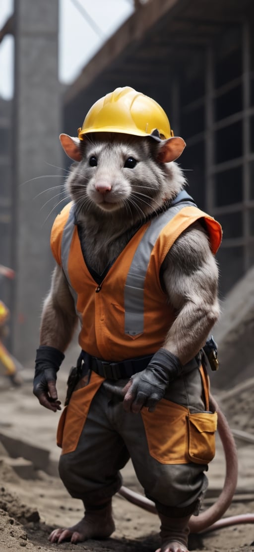  create a Bunch of rat with men body working in construction site, visible tails, wearing work safety outfit and helmet, , sharp focus, . ,Movie Still,more detail XL