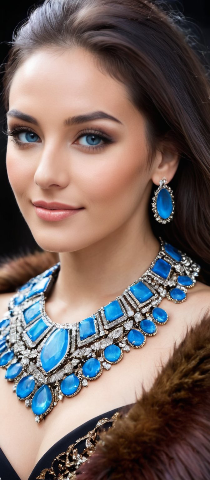 Generate hyper realistic image of a beautiful native woman with dark brown hair cascading down her back, looking directly at the viewer with a gentle smile. She has striking blue eyes and is wearing a black strapless dress paired with a brown fur coat draped over her shoulders. Her neck is adorned with a multi-colored necklace, composed of blue stones arranged in a circular pattern. The setting is a dark room that highlights the elegance of her attire and the vividness of the necklace.