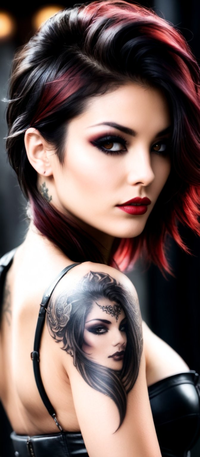 Generate hyper realistic image of a woman with a striking appearance. The woman is turned slightly to the side, giving a profile view that highlights the intricate details of her tattoo. Her expression is neutral, yet there is a hint of intensity in her gaze. Her hair is styled in a modern way, with a mix of black and red strands. The hair is tousled and has a slight windblown effect.  Her eyes are accentuated with dark eyeliner and eyeshadow, while her lips have a natural, glossy look. he is dressed in a strapless outfit, revealing her shoulders and the upper part of her chest. The outfit is made of a sleek, leather material. Her tattoo covers her shoulder and extends down her arm. The tattoo is a detailed and intricate demon design. The background is dark, with a focus on the woman illuminated by soft lighting. This lighting highlights the details of her tattoo and her facial features.