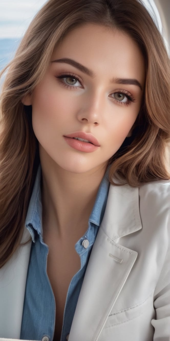  Create a realistic photo of beautiful woman siiting in private jet.enjoying the view through airplaine window.Long light brown hair, messy and stylish hair. brown eyes, long lashes , big puff lips, pink lips, dark make up, ralexed expression. wearing white  t-shir and blue denim jacket.up close.