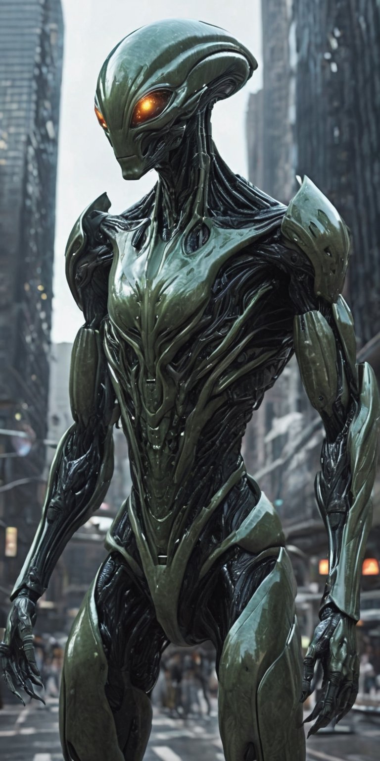 Generate hyper realistic image of an alien sentinel capable of shaping and manipulating energy, using its powers to protect the denizens of a futuristic world from imminent threats.