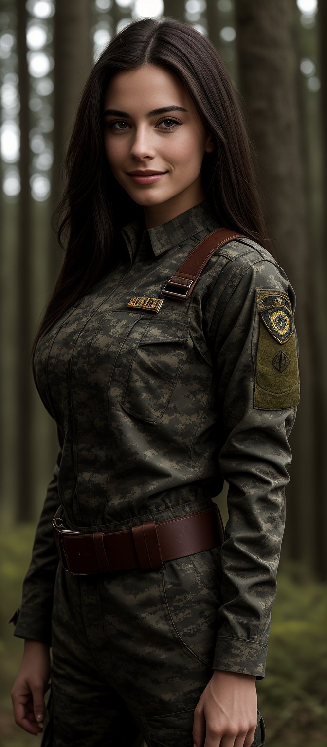 Generate hyper realistic image of a woman with long, straight, dark brown hair that flows freely down her back. She is wearing a full military uniform in camouflage pattern, which includes a long-sleeved shirt and matching pants. The uniform fits snugly, emphasizing her curves. The outfit is complete with a belt and insignia on her sleeve. She has teasing smile while gazing at the wiewer. The background is set in forest.