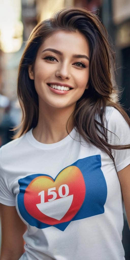 Generate hyper realistic image of a stunningly beautiful woman as she stands near the viewer, her captivating smile lighting up the scene, while proudly wearing a t-shirt that showcases the extraordinary achievement of '150k likes,' symbolizing her hard work and determination.