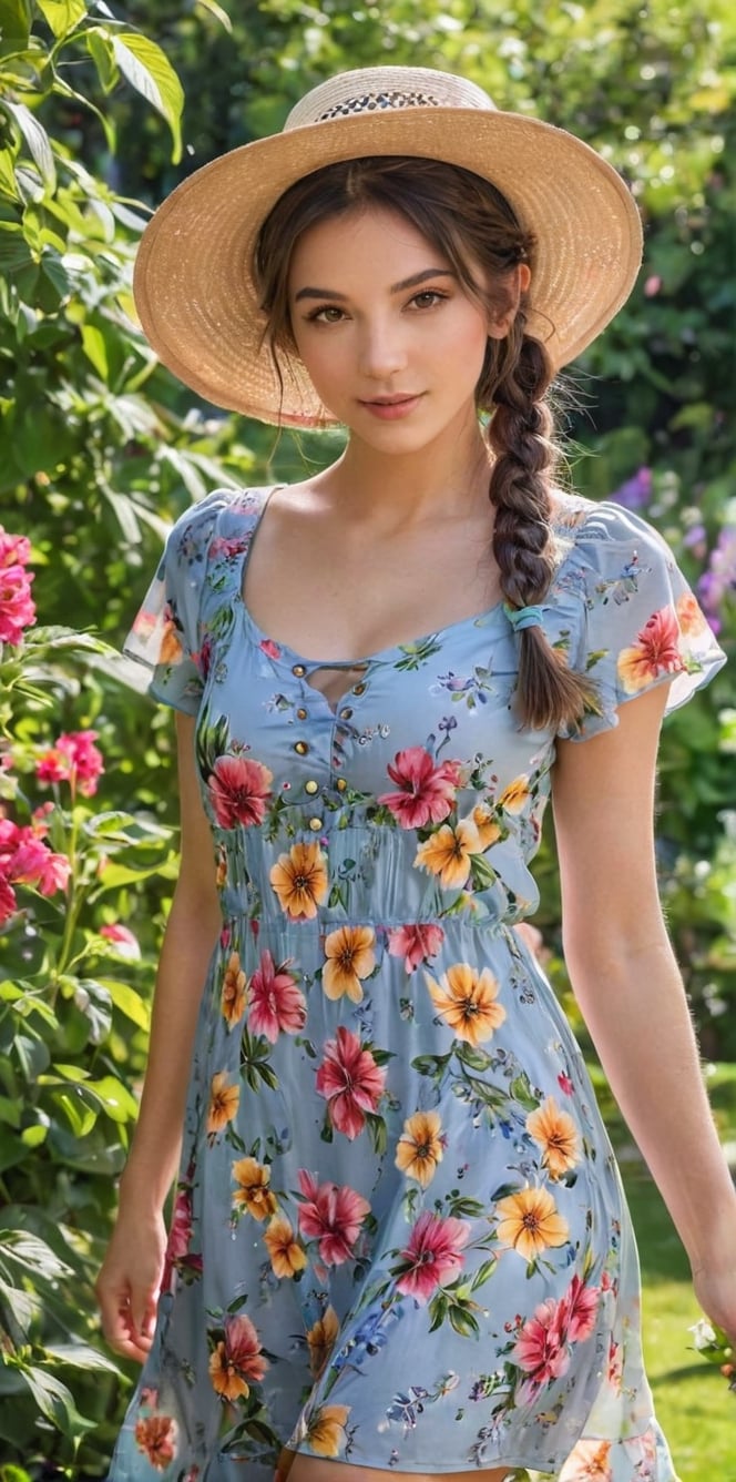 Generate hyper realistic image of a playful brunette with charming braided pigtails, a floral summer dress, and a sun hat, teasingly posing amidst vibrant flowers in a sunlit and colorful garden.up close