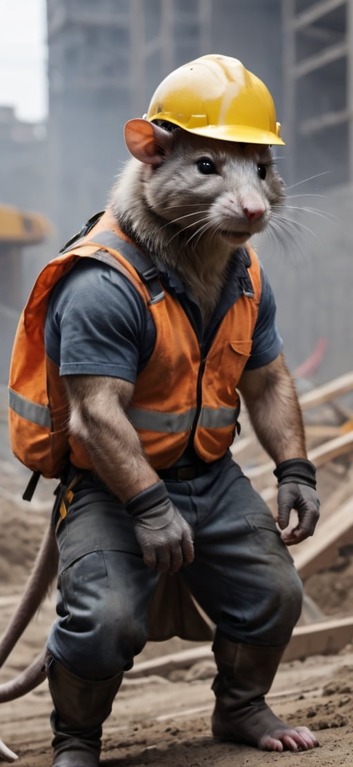  create a Bunch of rat with men body working in construction site, visible tails, wearing work safety outfit and helmet, , sharp focus, . ,Movie Still,more detail XL