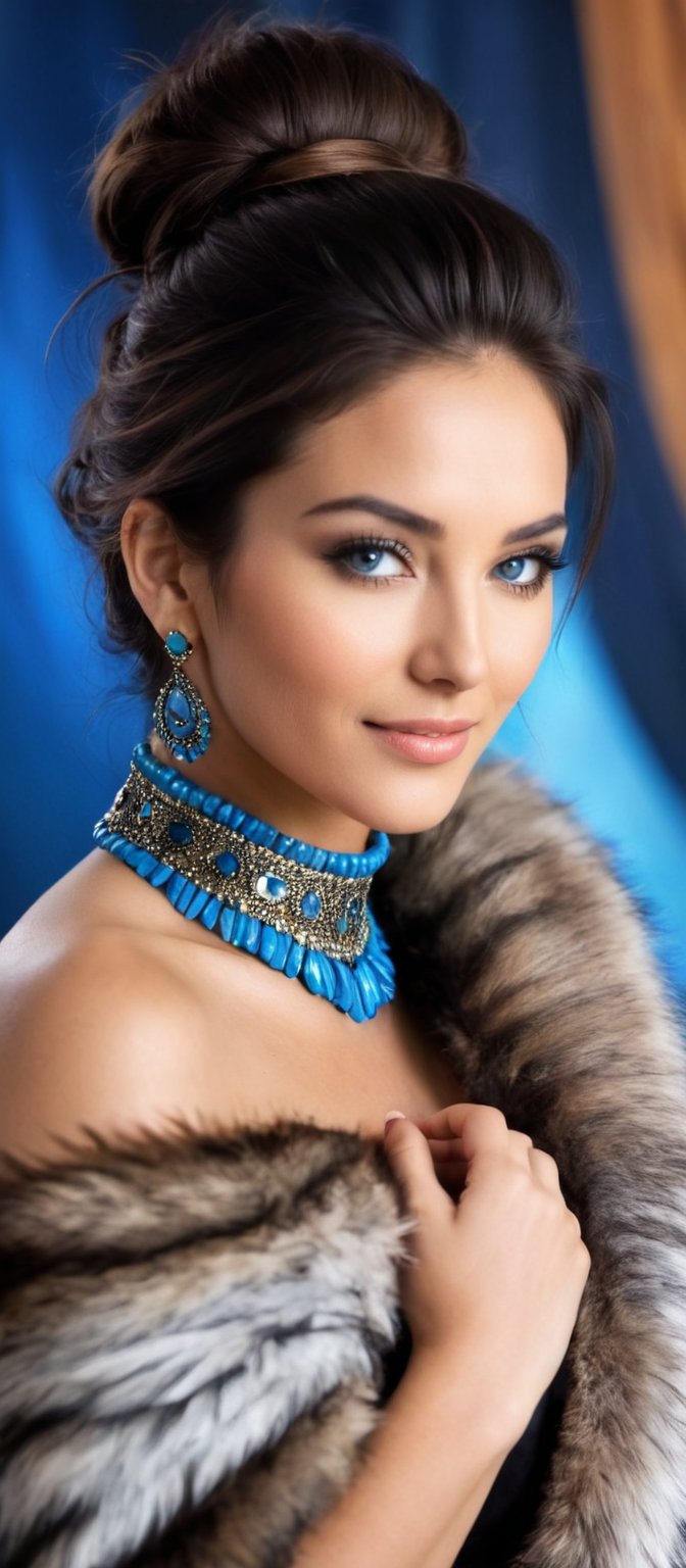 Generate hyper realistic image of a beautiful native woman with dark brown hair cascading down her back, looking directly at the viewer with a gentle smile. She has striking blue eyes and is wearing a black strapless dress paired with a brown fur coat draped over her shoulders. Her neck is adorned with a multi-colored necklace, composed of blue stones arranged in a circular pattern. The setting is a dark room that highlights the elegance of her attire and the vividness of the necklace.