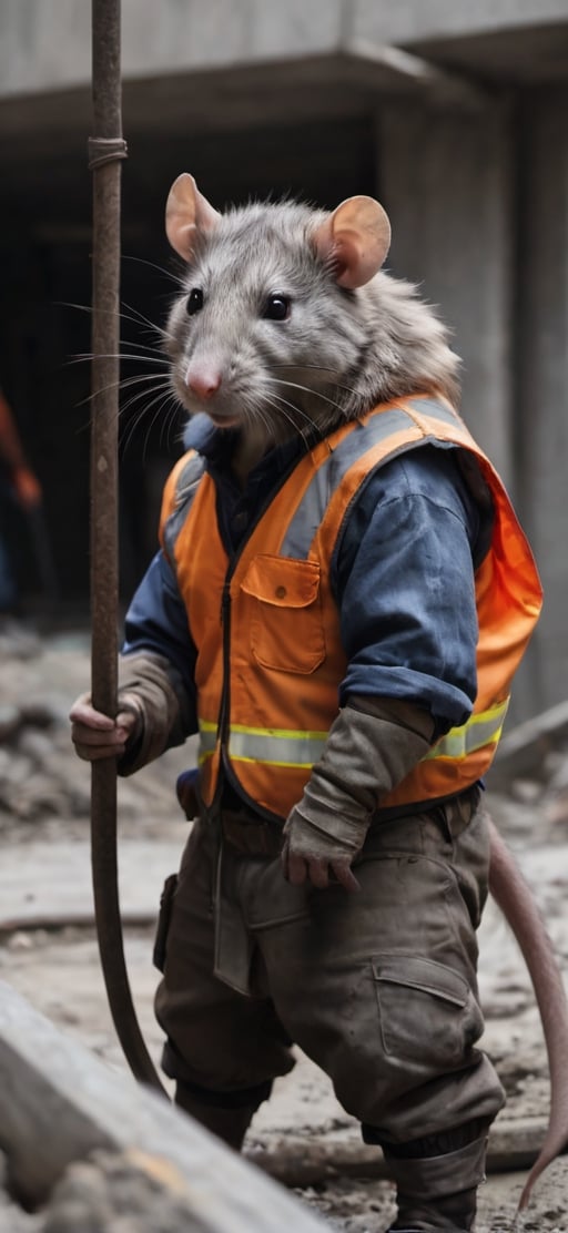  create a Bunch of rat mens working in construction site, visible tails, wearing work safety outfit, sharp focus, . 