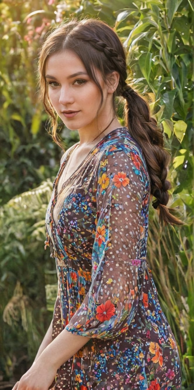 Generate hyper realistic image of a playful brunette with charming braided pigtails, a sun-kissed complexion, and dressed in a boho floral maxi dress with fringe accessories. She teasingly poses amidst vibrant flowers in a sunlit and colorful garden.. up close