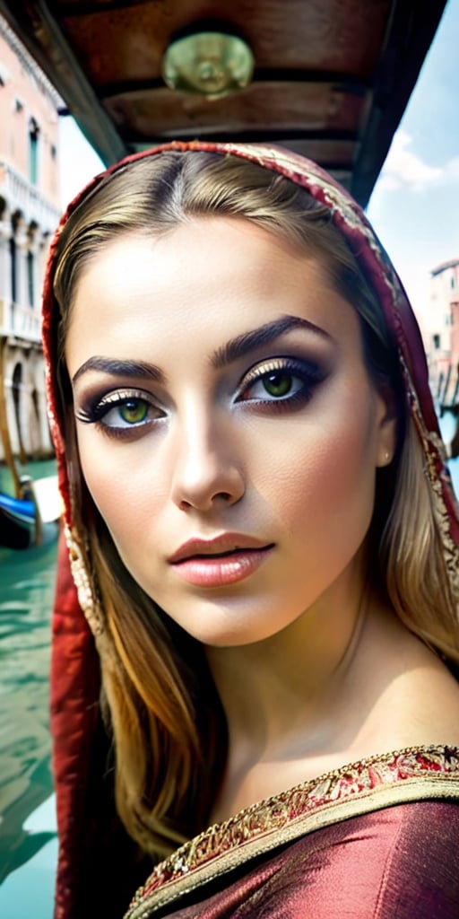 Generate hyper realistic image of a woman with a captivating aura, her dark, mysterious eyes mirroring the depth of the Venetian canals. As she glides through the Grand Canal in a gondola, she marvels at the beautifully decaying palazzos, their grandeur reflecting in her awe-struck gaze.cinematic moviemaker style,itacstl