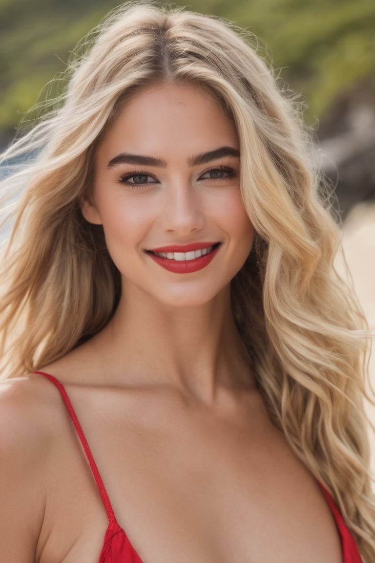 create a hyper realistic image of beautiful woman   shyly smiling at viewer, Long natural blonde hair, wavy hair, walking in hawaii beach , fancy bikini long dark eyebrows, long eyelashes, 
 red lips,make up,, up close, background of blurred outside , 8k, high detailed, sharp focus.,