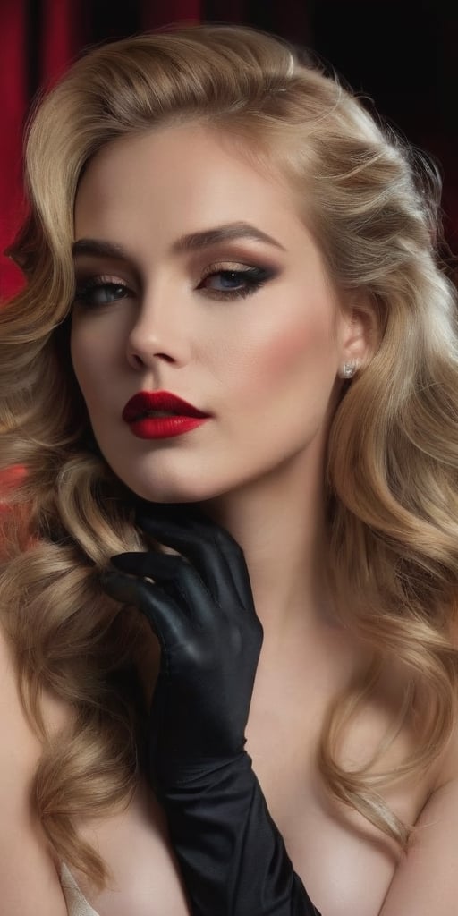 Generate hyper realistic image of a dark blonde, beautiful woman exuding ethereal elegance. She rests her head gracefully, adorned with long black gloves that add a touch of sophistication. Her captivating smokey makeup accentuates her features, with big red lips making a bold statement. Set in dim lights, this scene captures a moment of timeless beauty and allure.