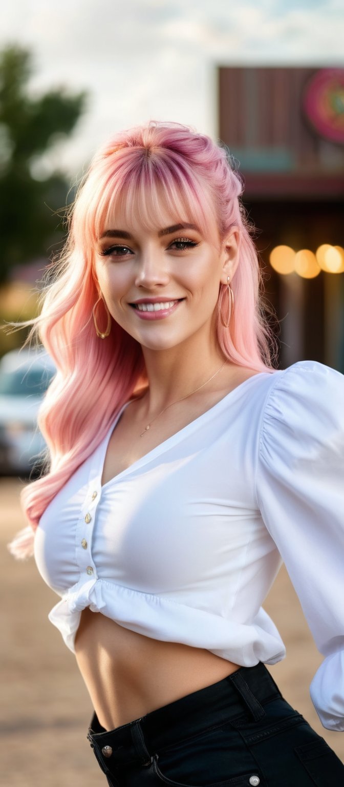 Generate hyper realistic image of a woman with long pink hair styled in a braid, with bangs gently resting on her forehead. She stands outside, smiling at the viewer while wearing a white shirt with puffy sleeves and high-waist shorts. The shirt has long sleeves that puff out, creating a stylish appearance. A ring adorns her finger, and she has earrings that catch the light. Her hair cascades over one shoulder, and the background is blurry, making her the focal point of the cowboy shot.