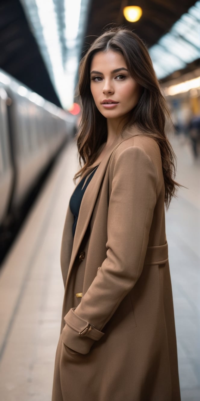  Create a beautiful brunnette super model woman standing in underground train station, near upcoming blurred fast train. high detailed, sharp focus of the women, up close