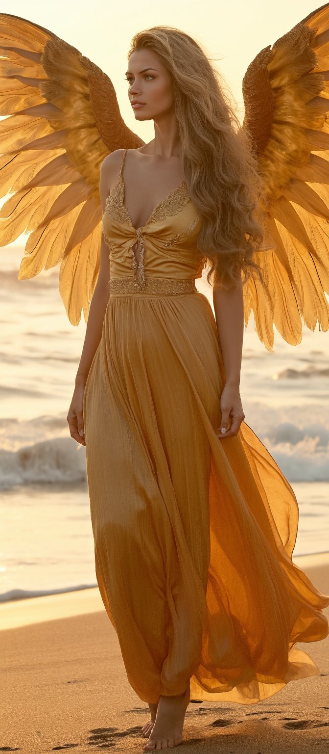 Generate hyper realistic image of a beautiful female angel standing straight, with ong, flowing, blonde hair that cascades down her back and shoulders. She has a fair complexion with delicate and well-defined features. Her expression is calm and serene. She is wearing a gold, shimmering top and matching gold skirt is high-waisted and also shimmers, with flowing fabric. Her large, golden wings are beautifully detailed with feathers. The background features a serene beach setting with waves gently crashing onto the shore. The lighting is warm and golden, enhancing the overall ethereal and heavenly atmosphere.