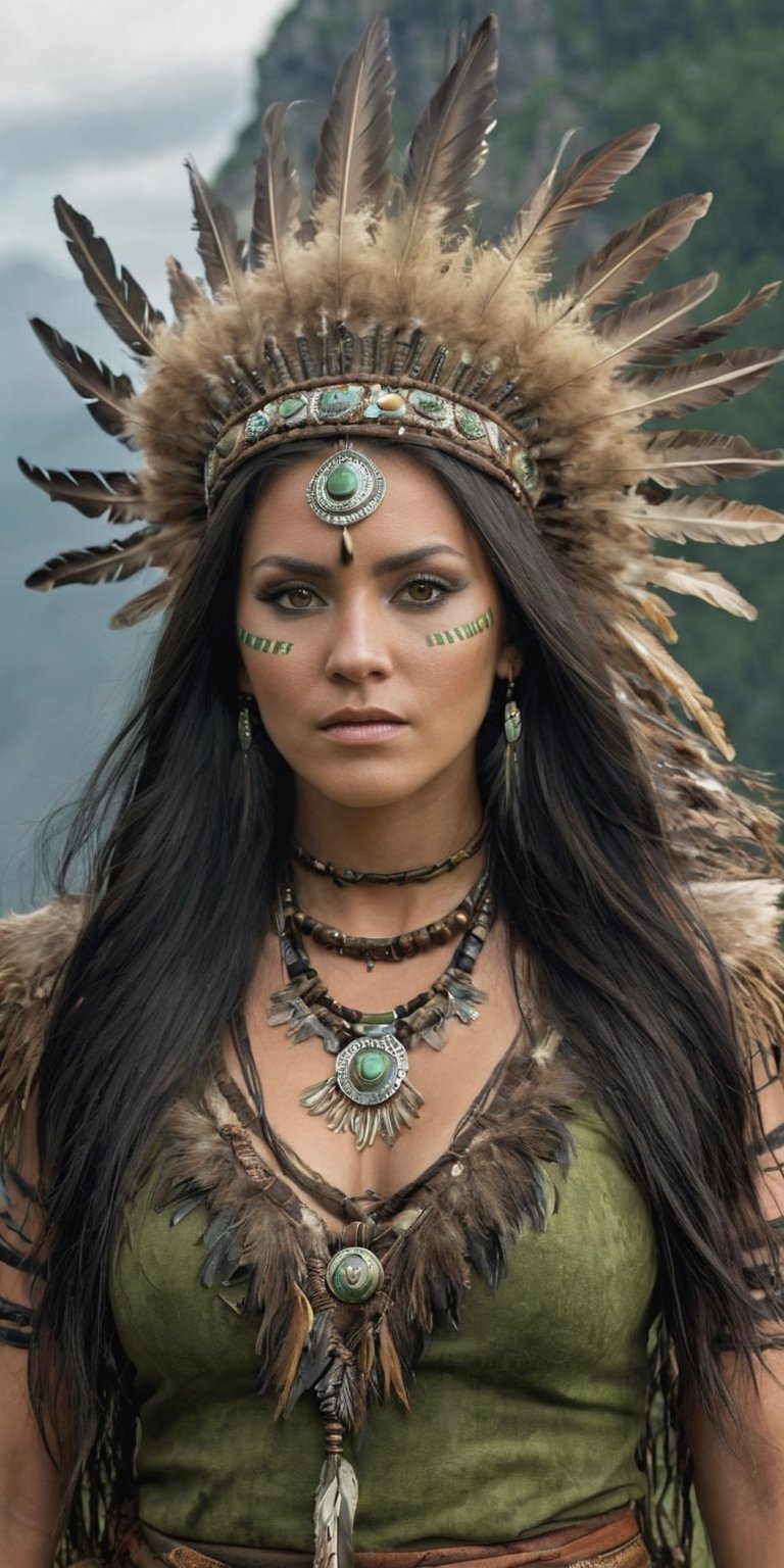 Generate hyper realistic image of a Nordic shaman dressed in earthy tones, her long, ebony hair adorned with feathers. With deep forest-green eyes, she stands atop a mountain, communing with nature and invoking the spirits of the ancient land. upper body shot,Extremely Realistic